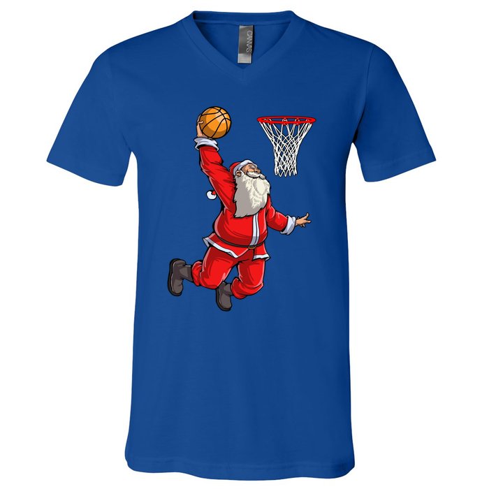 Christmas Santa Claus Dunking A Basketball Boys Xmas Gift V-Neck T-Shirt