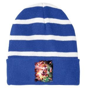 Christmas Space Cat Eats Pizza Laser Eyes Xmas Xmas Gift Striped Beanie with Solid Band