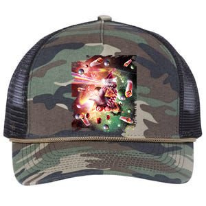 Christmas Space Cat Eats Pizza Laser Eyes Xmas Xmas Gift Retro Rope Trucker Hat Cap