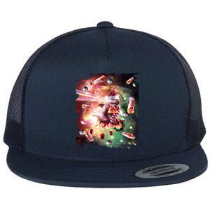 Christmas Space Cat Eats Pizza Laser Eyes Xmas Xmas Gift Flat Bill Trucker Hat