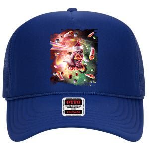 Christmas Space Cat Eats Pizza Laser Eyes Xmas Xmas Gift High Crown Mesh Back Trucker Hat