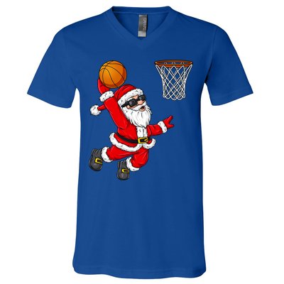 Christmas Santa Claus Dunking A Basketball Boys Xmas Cute Gift V-Neck T-Shirt