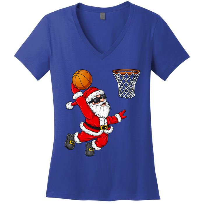 Christmas Santa Claus Dunking A Basketball Boys Xmas Cute Gift Women's V-Neck T-Shirt