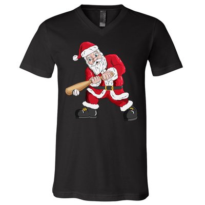 Christmas Santa Claus With Baseball Bat Baseball V-Neck T-Shirt