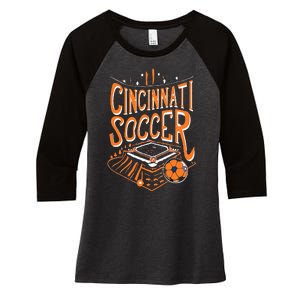 Cincinnati Soccer Cincy Futbol Cool Nati Skyline Women's Tri-Blend 3/4-Sleeve Raglan Shirt