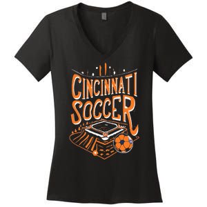 Cincinnati Soccer Cincy Futbol Cool Nati Skyline Women's V-Neck T-Shirt