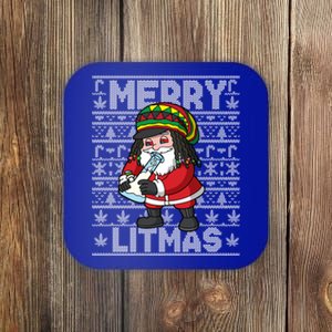 Christmas Santa Claus Cannabis Marijuana Weed Merry Litmas Gift Coaster