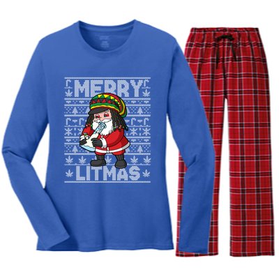 Christmas Santa Claus Cannabis Marijuana Weed Merry Litmas Gift Women's Long Sleeve Flannel Pajama Set 