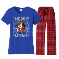 Christmas Santa Claus Cannabis Marijuana Weed Merry Litmas Gift Women's Flannel Pajama Set