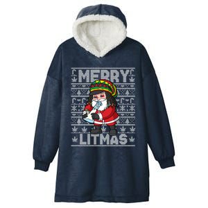 Christmas Santa Claus Cannabis Marijuana Weed Merry Litmas Gift Hooded Wearable Blanket