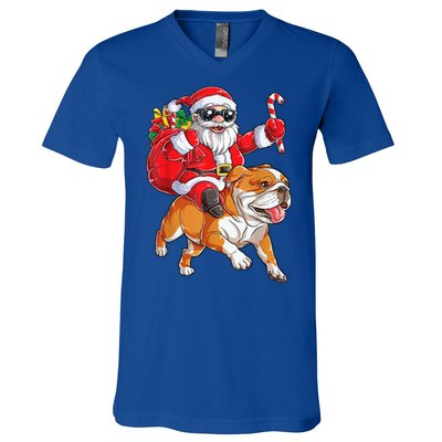 Christmas Santa Claus Riding English Bulldog Xmas Boys Dog Gift V-Neck T-Shirt