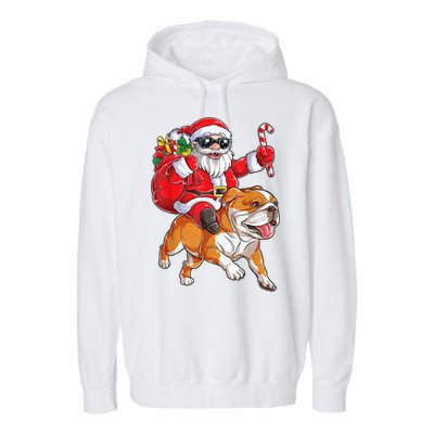 Christmas Santa Claus Riding English Bulldog Xmas Boys Dog Gift Garment-Dyed Fleece Hoodie