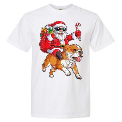 Christmas Santa Claus Riding English Bulldog Xmas Boys Dog Gift Garment-Dyed Heavyweight T-Shirt