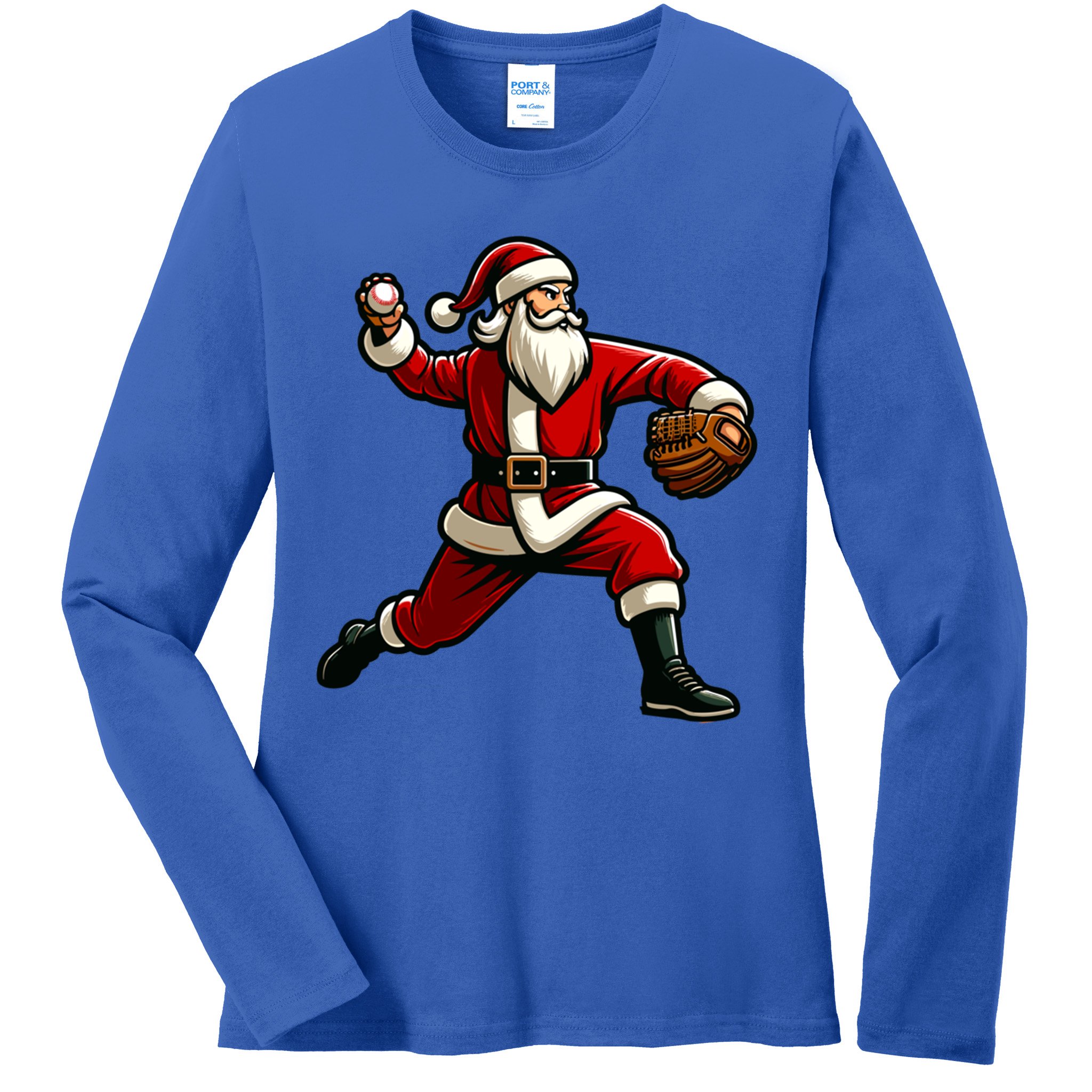 Christmas Santa Claus Baseball Pitcher Teens Xmas Funny Gift Ladies Long Sleeve Shirt