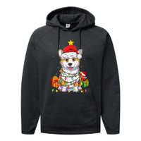 Corgi Santa Christmas Tree Lights Xmas Corgmas Dog Performance Fleece Hoodie