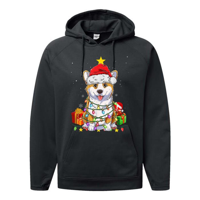 Corgi Santa Christmas Tree Lights Xmas Corgmas Dog Performance Fleece Hoodie