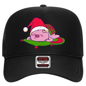 Cute Sleepy Christmas Pig High Crown Mesh Back Trucker Hat