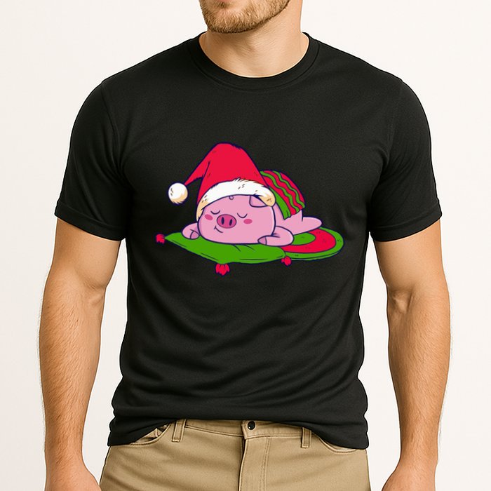Cute Sleepy Christmas Pig Cooling Performance Crew T-Shirt