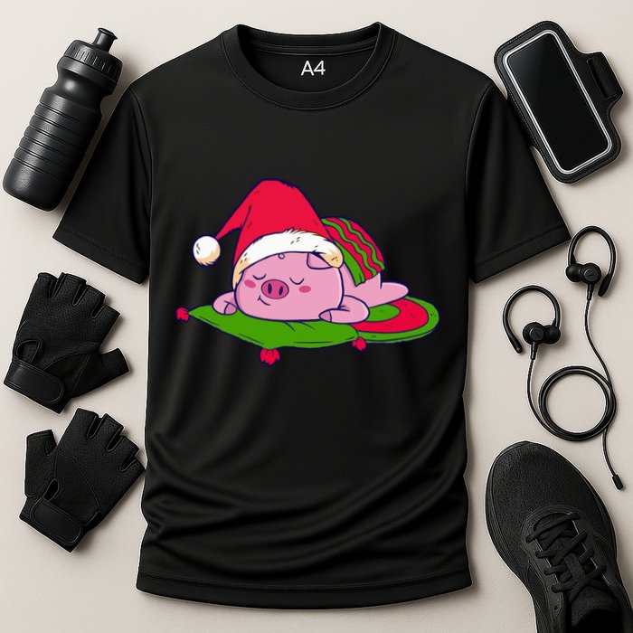 Cute Sleepy Christmas Pig Cooling Performance Crew T-Shirt