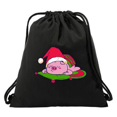 Cute Sleepy Christmas Pig Drawstring Bag