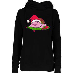 Cute Sleepy Christmas Pig Womens Funnel Neck Pullover Hood