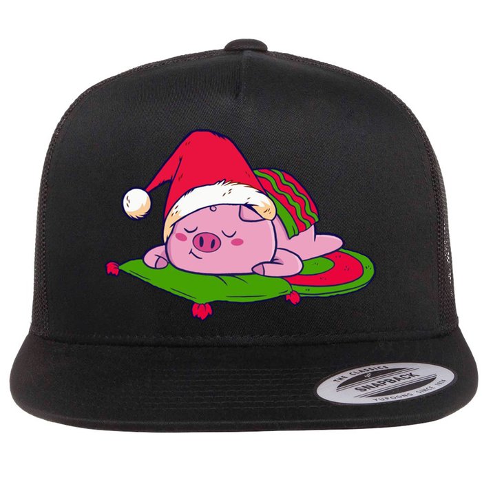 Cute Sleepy Christmas Pig Flat Bill Trucker Hat