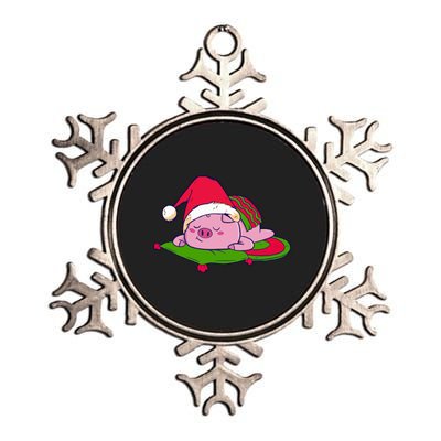 Cute Sleepy Christmas Pig Metallic Star Ornament