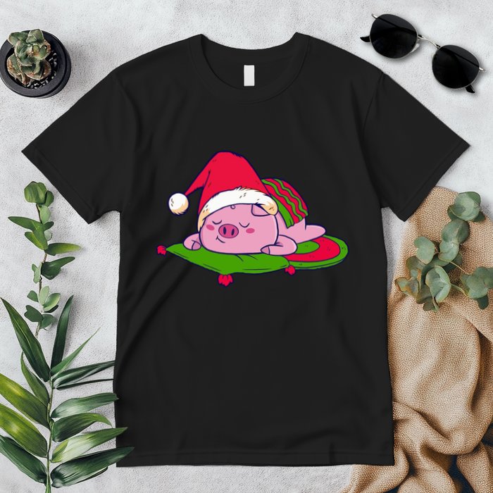 Cute Sleepy Christmas Pig Premium T-Shirt