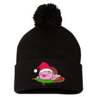 Cute Sleepy Christmas Pig Pom Pom 12in Knit Beanie