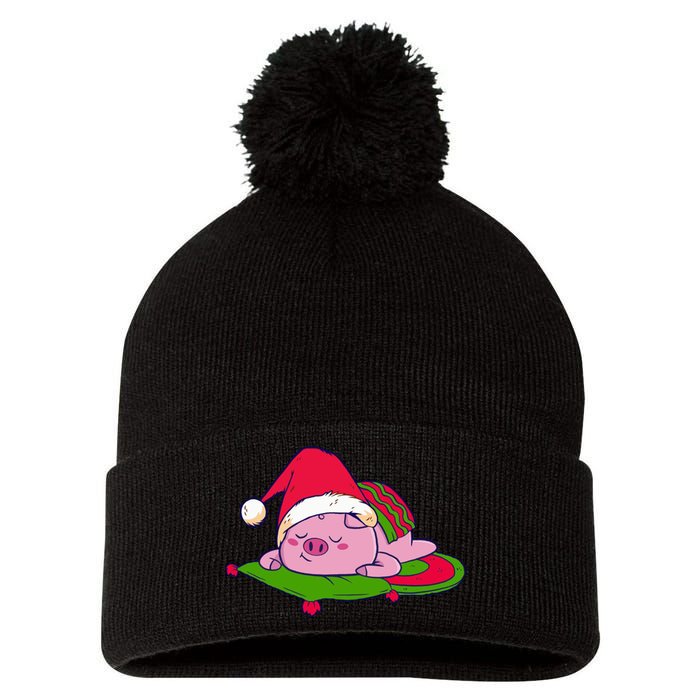 Cute Sleepy Christmas Pig Pom Pom 12in Knit Beanie