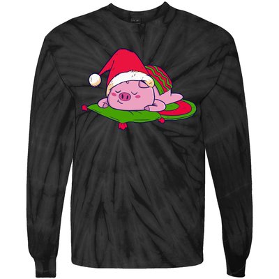 Cute Sleepy Christmas Pig Tie-Dye Long Sleeve Shirt