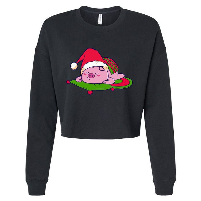 Cute Sleepy Christmas Pig Cropped Pullover Crew
