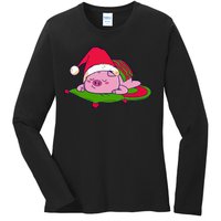 Cute Sleepy Christmas Pig Ladies Long Sleeve Shirt