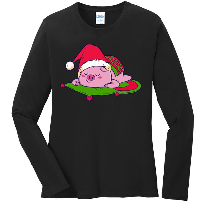 Cute Sleepy Christmas Pig Ladies Long Sleeve Shirt