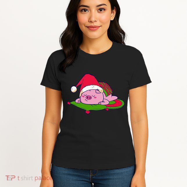 Cute Sleepy Christmas Pig Womens T-Shirt