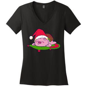 Cute Sleepy Christmas Pig Women's V-Neck T-Shirt