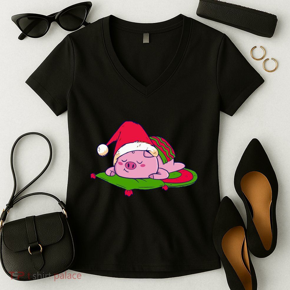Cute Sleepy Christmas Pig Women's V-Neck T-Shirt