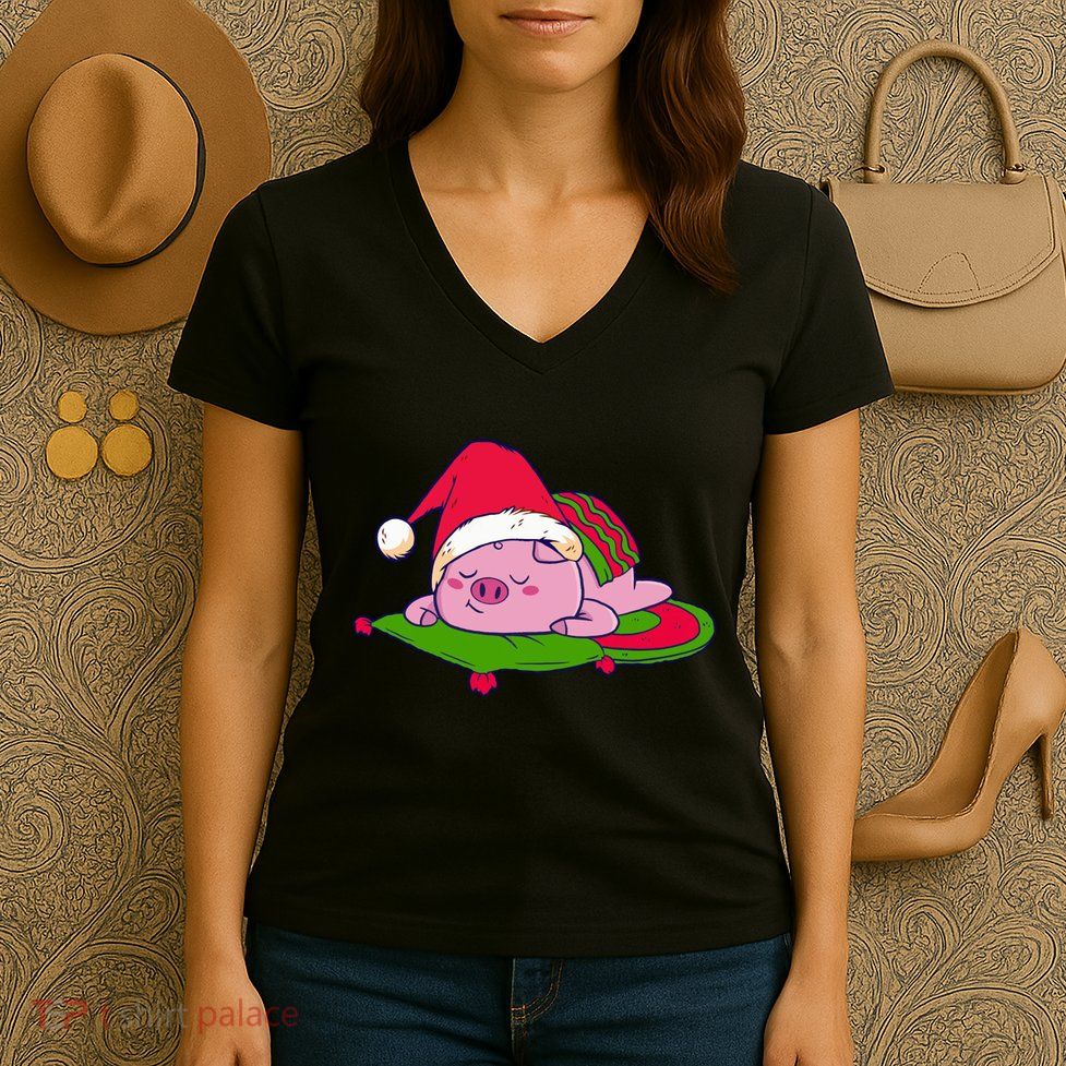 Cute Sleepy Christmas Pig Women's V-Neck T-Shirt