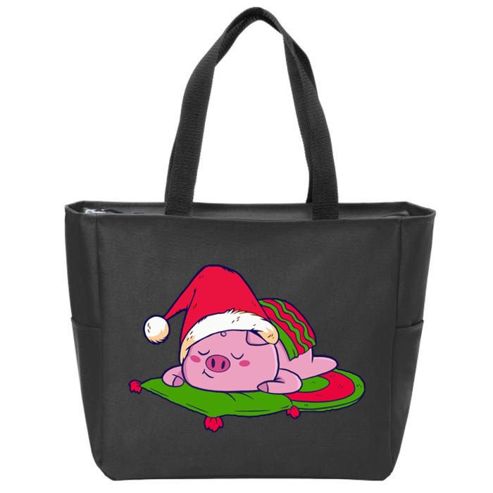 Cute Sleepy Christmas Pig Zip Tote Bag