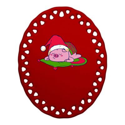 Cute Sleepy Christmas Pig Ceramic Oval Ornament