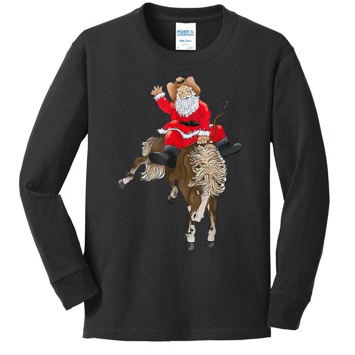 Cowboy Santa Claus Riding A Horse Christmas Cowboy Kids Long Sleeve Shirt