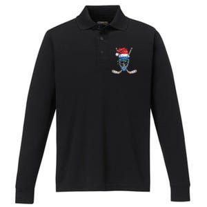 Christmas Santa Claus Player Ice Hockey Funny Performance Long Sleeve Polo