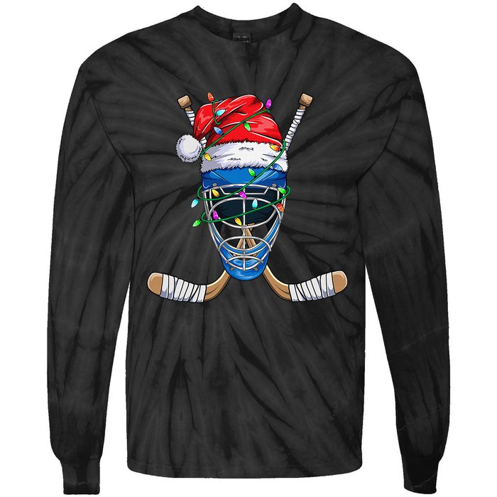 Christmas Santa Claus Player Ice Hockey Funny Tie-Dye Long Sleeve Shirt