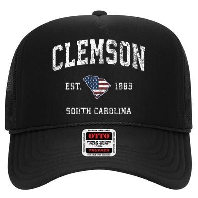 Clemson South Carolina Sc Vintage American Flag High Crown Mesh Back Trucker Hat