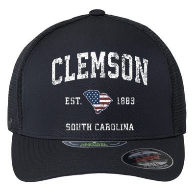 Clemson South Carolina Sc Vintage American Flag Flexfit Unipanel Trucker Cap