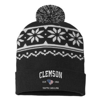 Clemson South Carolina Sc Vintage American Flag USA-Made Snowflake Beanie