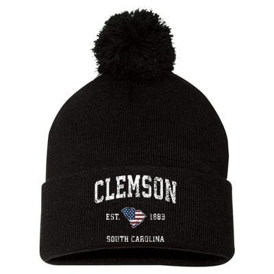 Clemson South Carolina Sc Vintage American Flag Pom Pom 12in Knit Beanie