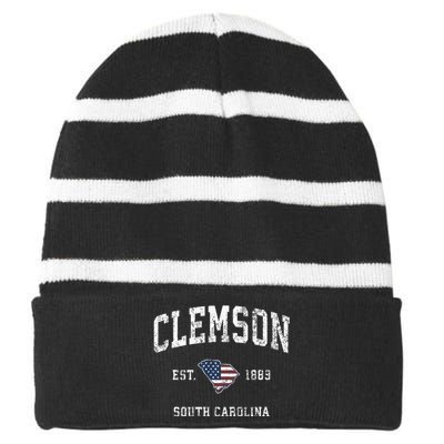 Clemson South Carolina Sc Vintage American Flag Striped Beanie with Solid Band