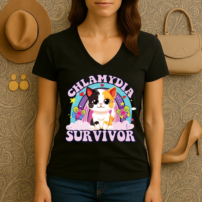 Chlamydia Survivor Cat Meme Funny Women's V-Neck T-Shirt