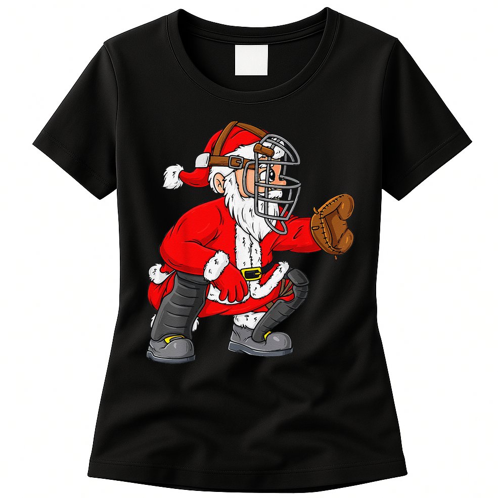 Christmas Santa Claus Baseball Catcher Xmas Womens T-Shirt